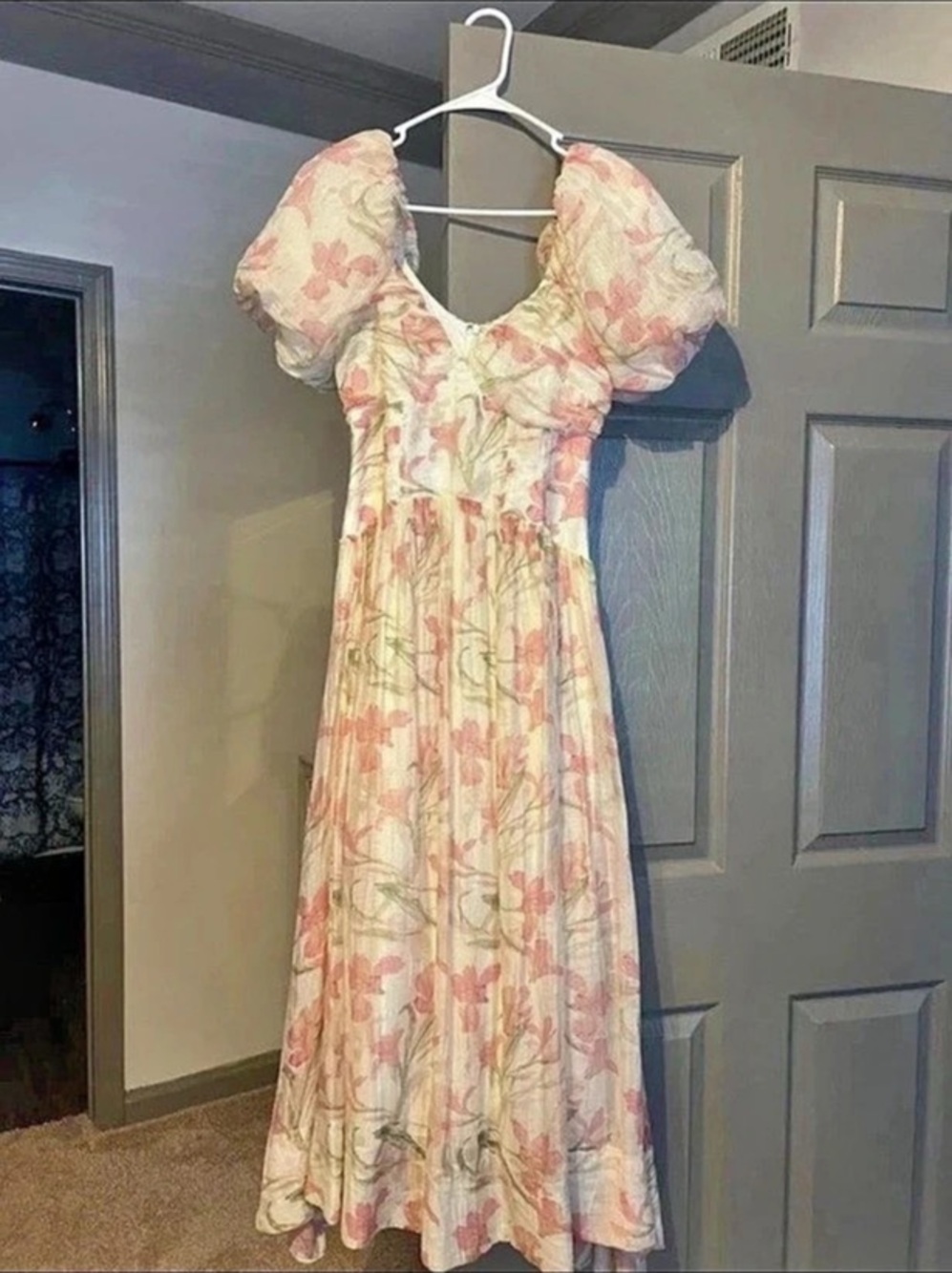 Floral Puff Sleeve Maxi Dress in Pink & Cream Like New